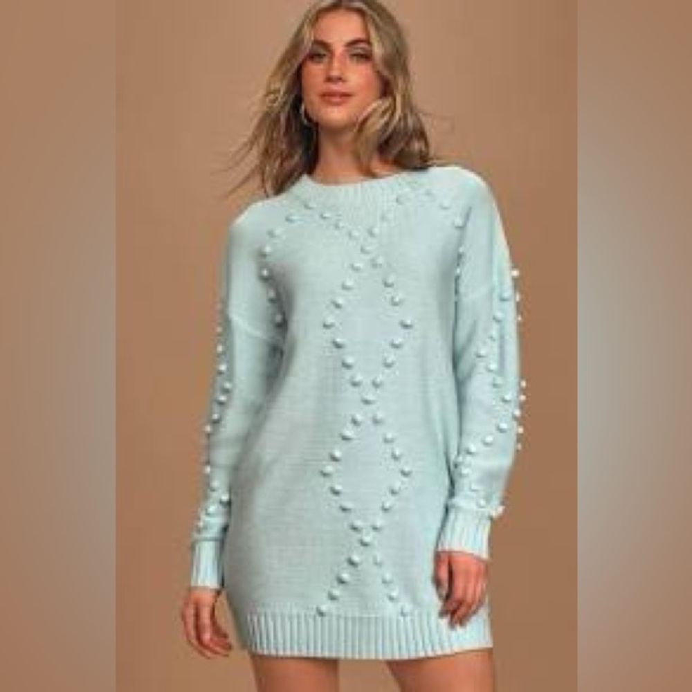 Lulu's Light Blue Knit Dress with Pom Pom Detailing